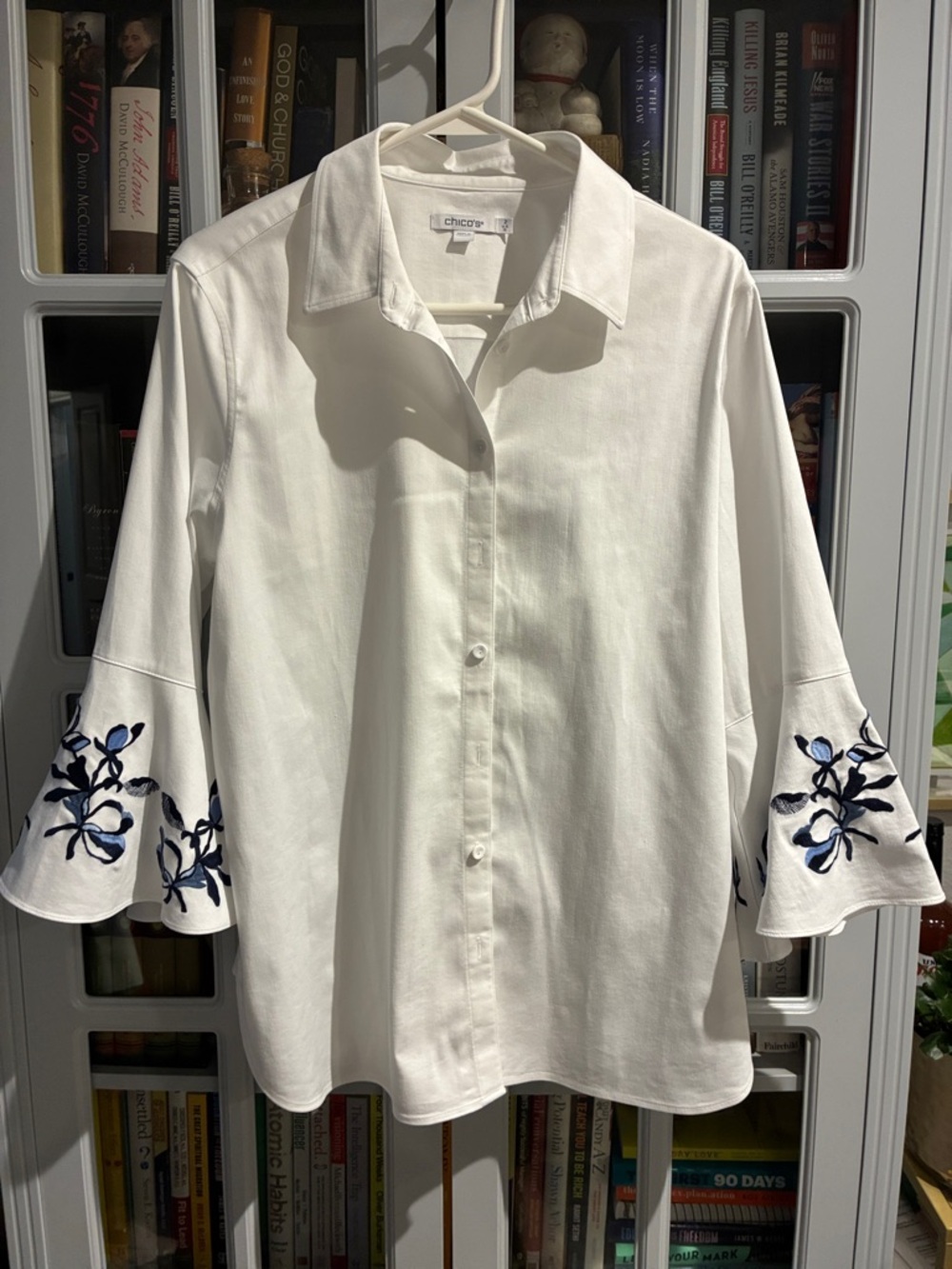 Chico's White Button-Down Shirt with Navy Blue Floral Embroidered Bell Sleeves